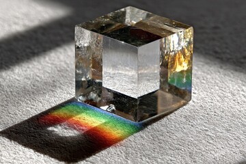 Poster - Light refracts through crystal cube creating colorful spectrum on surface
