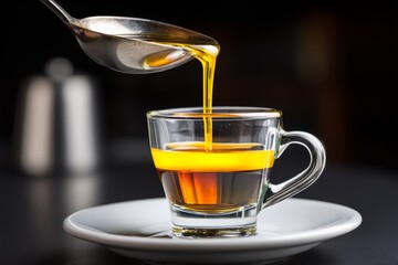 Aufkleber - Dark honey being drizzled into a clear cup on a black table with silver utensils in the background during the evening