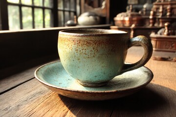 Poster - Rustic pottery cup with turquoise glaze placed on a wooden table in a cozy interior setting