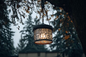 Poster - Decorative lantern hanging from tree branches during a foggy evening in an outdoor park setting