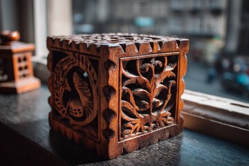 Poster - Intricate wooden box displayed on a windowsill in a bustling city street during the afternoon