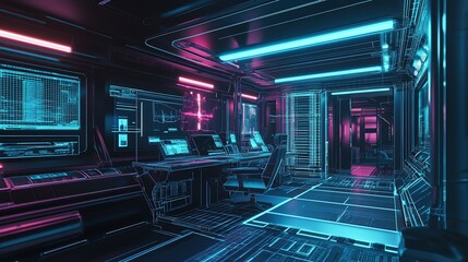 Poster - Futuristic control room with glowing neon lights and digital wireframe design interior