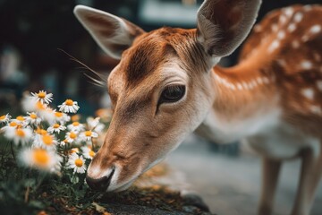 Poster - Young deer exploring a patch of wildflowers in a serene park during a sunny afternoon