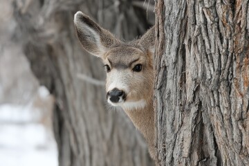 Poster - Deer peeking from behind a tree in winter landscape showcasing natural wildlife photography