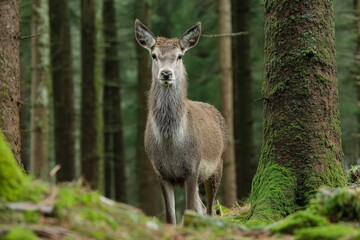 Poster - Deer stands gracefully among lush green moss in a tranquil forest setting during daylight hours