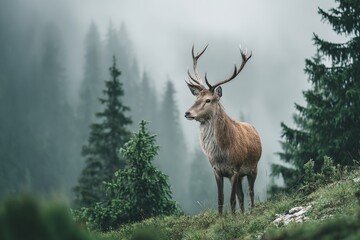Aufkleber - Majestic stag standing in misty forest landscape at dawn among evergreen trees