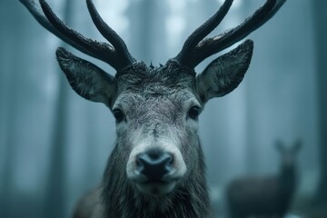 Poster - Wild deer gazes through foggy forest early in the morning displaying majestic antlers and serene expression