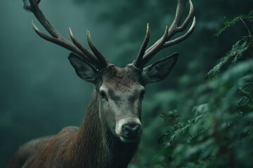 Poster - Majestic deer stands still among lush greenery in a misty forest during early morning light