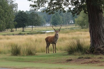Poster - Majestic deer stands gracefully near a serene landscape during early morning hours in a tranquil park setting