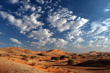 Poster - Expansive desert landscape under a bright sky with scattered clouds during midday