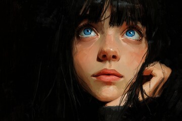 Poster - Young woman with striking blue eyes gazes thoughtfully upward in dim lighting, contemplating deep thoughts and emotions