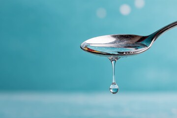Poster - Close-up of water droplet suspended on a spoon over a turquoise surface