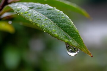 Poster - Raindrop clings to green leaf in a serene garden after a refreshing rain shower during late afternoon