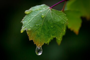 Poster - Dew drops glisten on a green leaf captured in a serene outdoor setting after rainfall in a forest