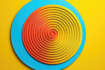 Aufkleber - Vibrant spiral design with concentric circles in orange and blue on bright yellow background creates hypnotic effect. artwork bold colors and geometric pattern evoke sense of movement and energy