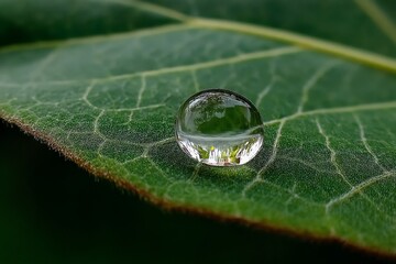 Poster - Close-up of a water droplet resting on a green leaf in a tranquil forest setting during early morning hours