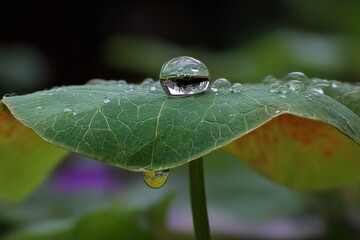 Poster - Water droplet rests on a green leaf during early morning after a gentle rain shower in a serene garden setting