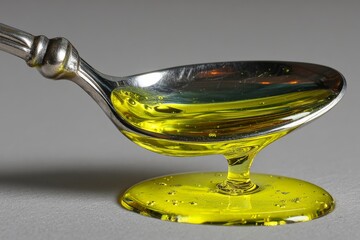 Poster - Close-up of reflective spoon holding bright yellow syrup on a smooth surface