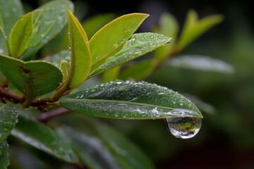Poster - Dewdrops glisten on green leaves in a serene garden during early morning light