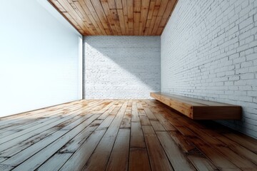 Poster - Minimalist interior design featuring wooden floors and white brick walls in a spacious room with natural light