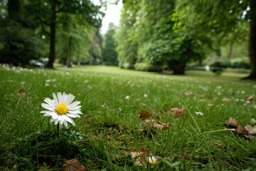 Aufkleber - Blooming daisy stands alone in a lush green park during a quiet afternoon in spring