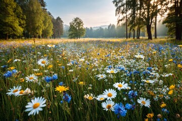 Poster - Vibrant wildflower field during early morning light in a serene forest setting