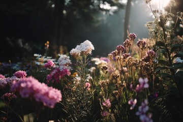 Poster - Colorful wildflowers blooming in a sunlit forest clearing during early morning hours