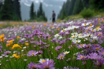 Aufkleber - Colorful wildflowers bloom in a vast meadow against a backdrop of misty mountains during a serene summer day