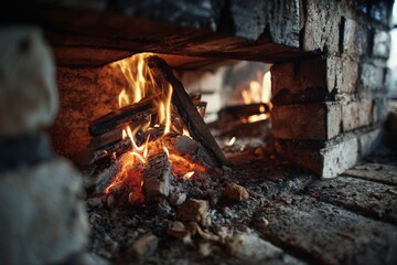 Aufkleber - Warm flames dancing in a rustic fireplace with brick surround, creating a cozy atmosphere in a mountain cabin during evening hours