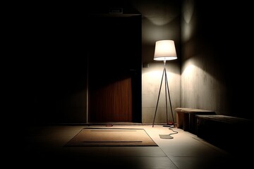 Aufkleber - Dimly lit hallway with a standing lamp and door in an empty room at night