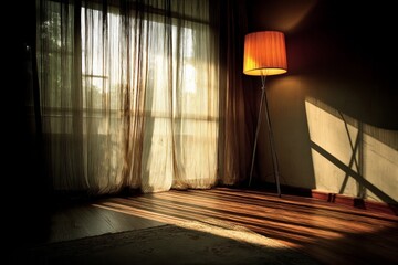 Aufkleber - Warm sunlight illuminates a cozy interior with a floor lamp and flowing curtains in the afternoon
