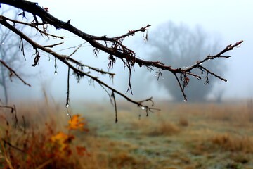 Poster - Morning dew clings to branches in a foggy field during autumn season