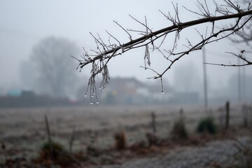 Poster - Morning foggy landscape with dew drops hanging on a bare branch in a quiet rural setting