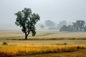 Poster - Misty morning landscape with a single tree and distant farm buildings in early autumn