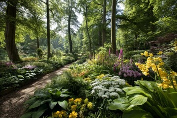 Aufkleber - Vibrant garden path surrounded by blooming flowers and lush greenery in a serene forest setting during daylight