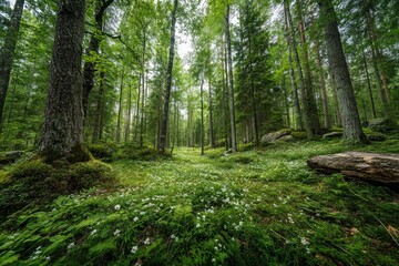 Poster - Lush green forest with wildflowers during a serene morning in nature's embrace
