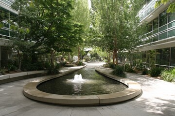 Poster - Serene courtyard with a winding waterway and lush greenery surrounded by modern architecture in a peaceful urban setting