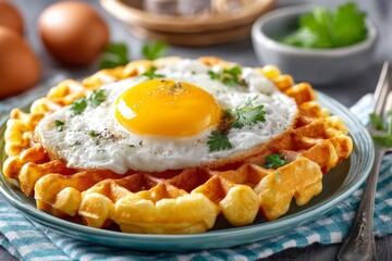 Poster - Delicious waffle topped with fried egg garnished with herbs on a blue plate at a cozy breakfast setting