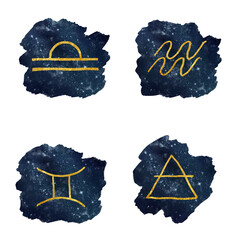 Astrological zodiac air signs in the starry sky. Watercolor illustration. Libra, Aquarius, gemini set, isolated on a white background. Topic astrology and esotericism