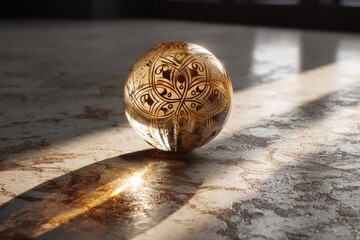 Aufkleber - Decorative glass sphere with intricate patterns resting on marble surface with sunlight casting soft shadows