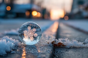 Poster - Snowflake captured inside a crystal ball on a snowy street at sunset in winter season