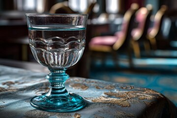 Aufkleber - Glass of water on an ornate table in a dimly lit room with elegant chairs in the background during the afternoon