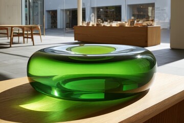 Poster - Bright green glass sculpture on wooden table inside modern gallery space with natural light
