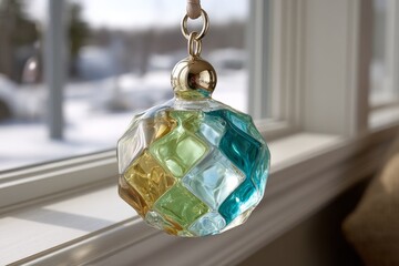 Poster - Colorful glass ornament hanging in a sunlit window while snow blankets the outside landscape