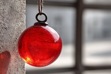 Aufkleber - Vibrant red glass orb hanging by a string near windows in a serene setting during daylight