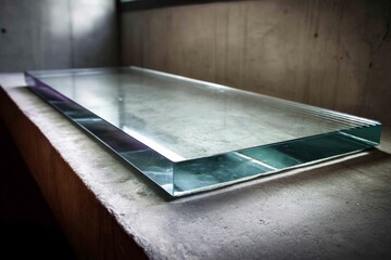Poster - Transparent glass slab placed on a concrete surface in a bright indoor setting showcasing modern design aesthetics