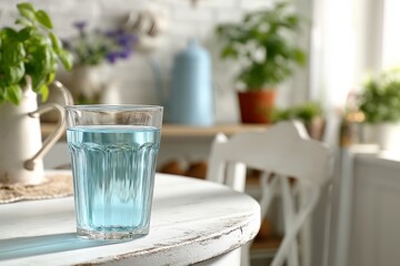 Poster - Clear blue glass of water on a rustic white table in a cozy kitchen filled with plants during the daytime