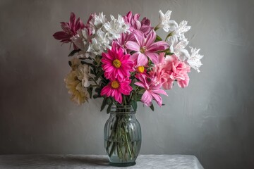Poster - Brightly colored flower bouquet displayed in a glass vase on a table with a neutral background