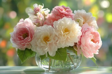 Poster - Delicate pink and white flowers arranged in a clear glass vase on a sunny afternoon
