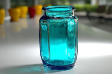 Poster - Bright aqua glass jar sits on a white surface under natural light in a modern setting with colorful pots in the background
